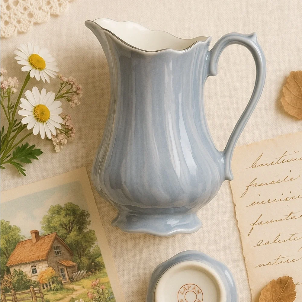 Vintage Made in Japan Porcelain Creamer Pitcher – Blue Gray Swirl, Scalloped Rim